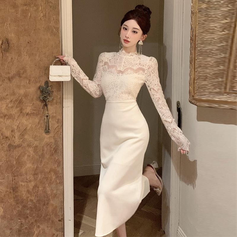 

Женский темперамент светская львица кружево сращивание полые тонкие платье XL белый