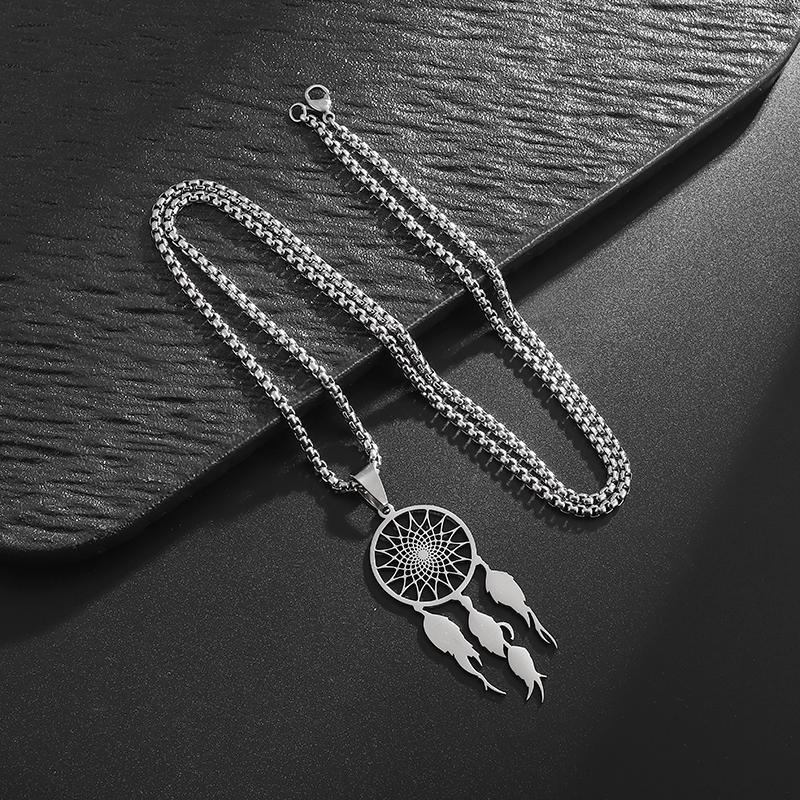 Stainless Steel Tassel Long Dream Catcher Pendant Necklace Fashion Women Retro Bohemian Ethnic Style Lucky Jewelry