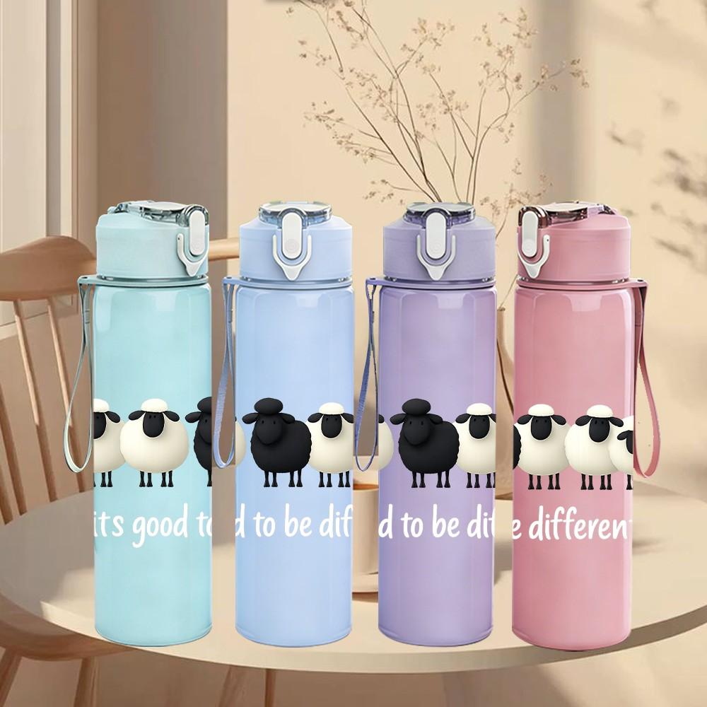 1PC Flock Sheep Silhouette Print 750ml Color Plastic Sports Water Bottle Leakproof Flip Straw Lid Suitable for Sports Office Home Use