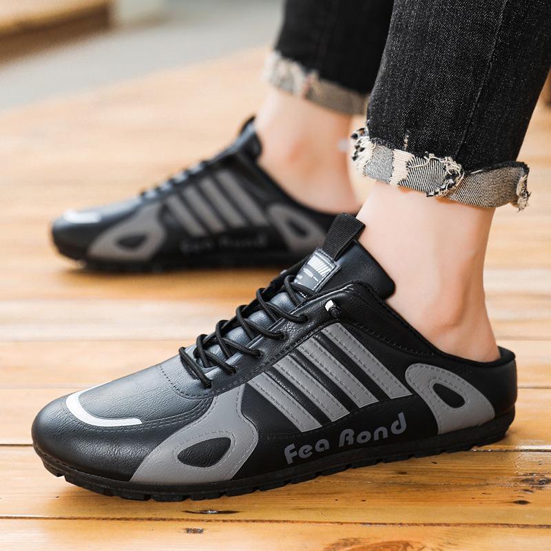 Fashion Summer Men's Baotou Half Slippers Lightweight PU Leather Casual Shoes Soft-soled Support Slippers Walking Flat Slippers for Men