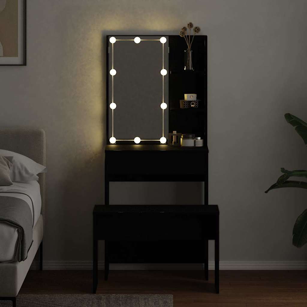 LED Vanity Table Set 2 pcs Black Oak Effect Particleboard