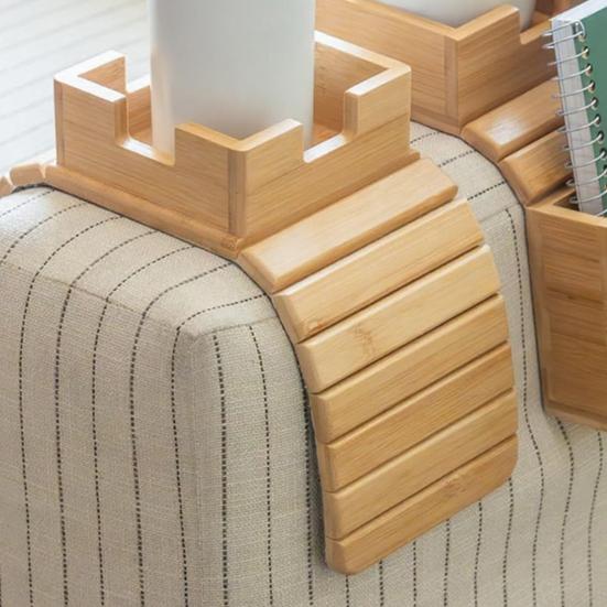 1/2Pcs Bamboo Couch Armrest Table Wooden Arm Tray with Removable Cup Holder Foldable Anti-Slip Sofa Side Remote Controls Phones Cups Snacks Organizer