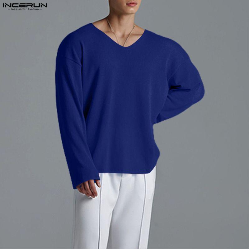 INCERUN Oversized Men Undershirts V Neck Long Sleeve Casual Loose T-shirts Tops