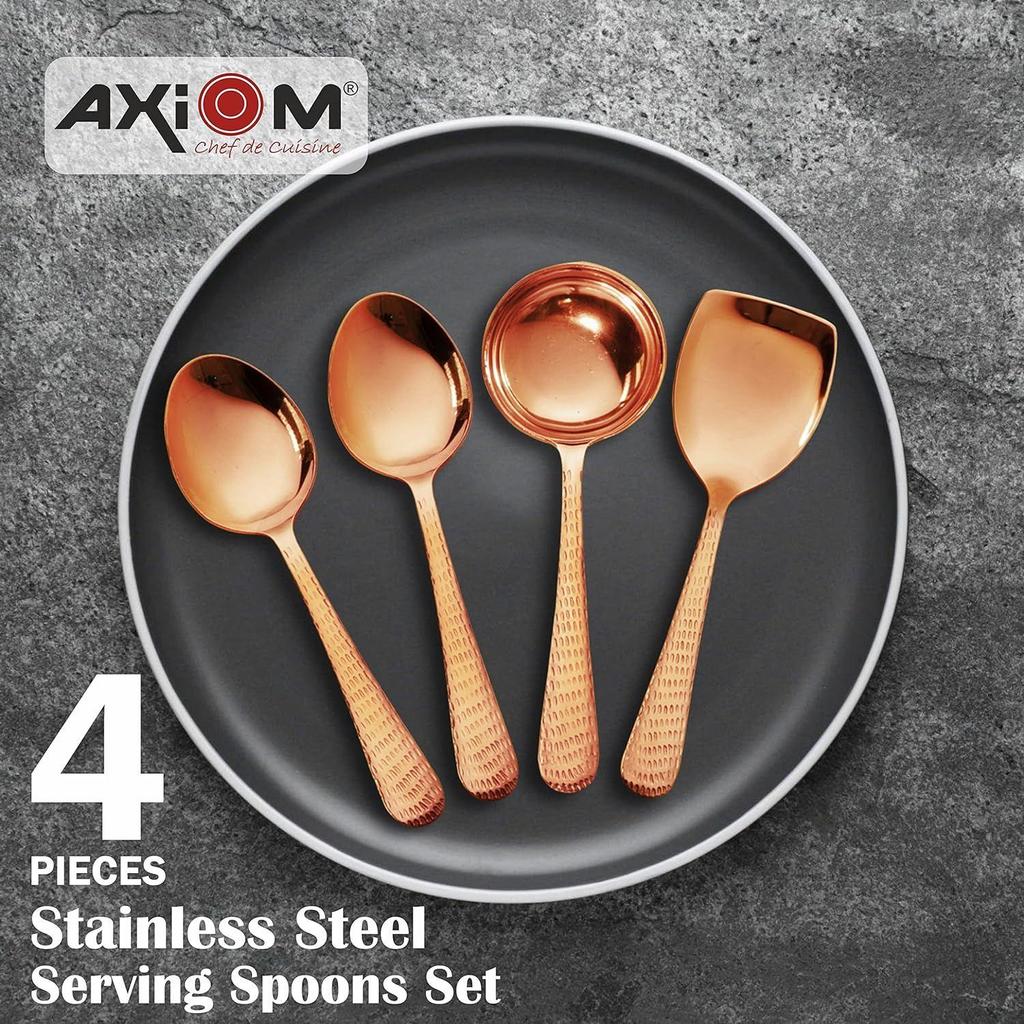 Set Rose Gold. Fancy 4 Piece Non-Stick Dinner Serveware Set Of 1 Curry Ladle (Karchi), 2 Solid Spoon (Chamcha) And 1 Rice Spoon For Soup/Pasta - 27 Cm
