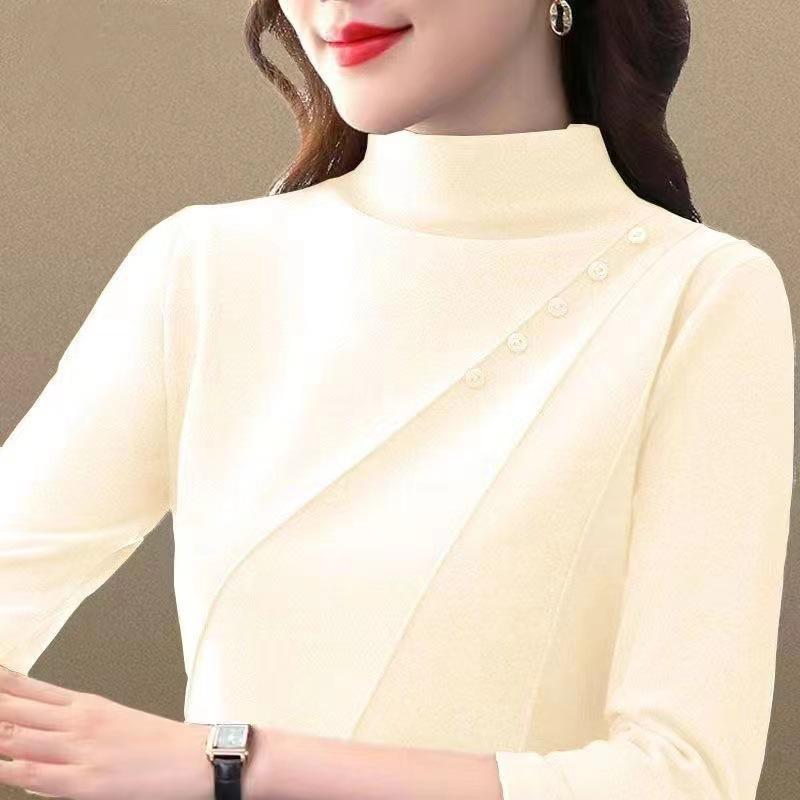 Tricou de damă cu gât semi-înalt, pentru mamă, din catifea germană dublă față, îngroșat, de bază, toamnă și iarnă, cu mâneci lungi, top la modă