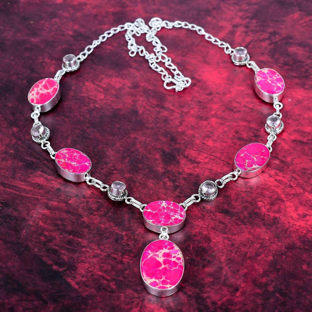 Pink Sea Sediment & Kunzite 925 Solid Sterling Silver Necklace with Adjustable Chain, Handmade Gemstone Jewelry Necklace For Memorial Day