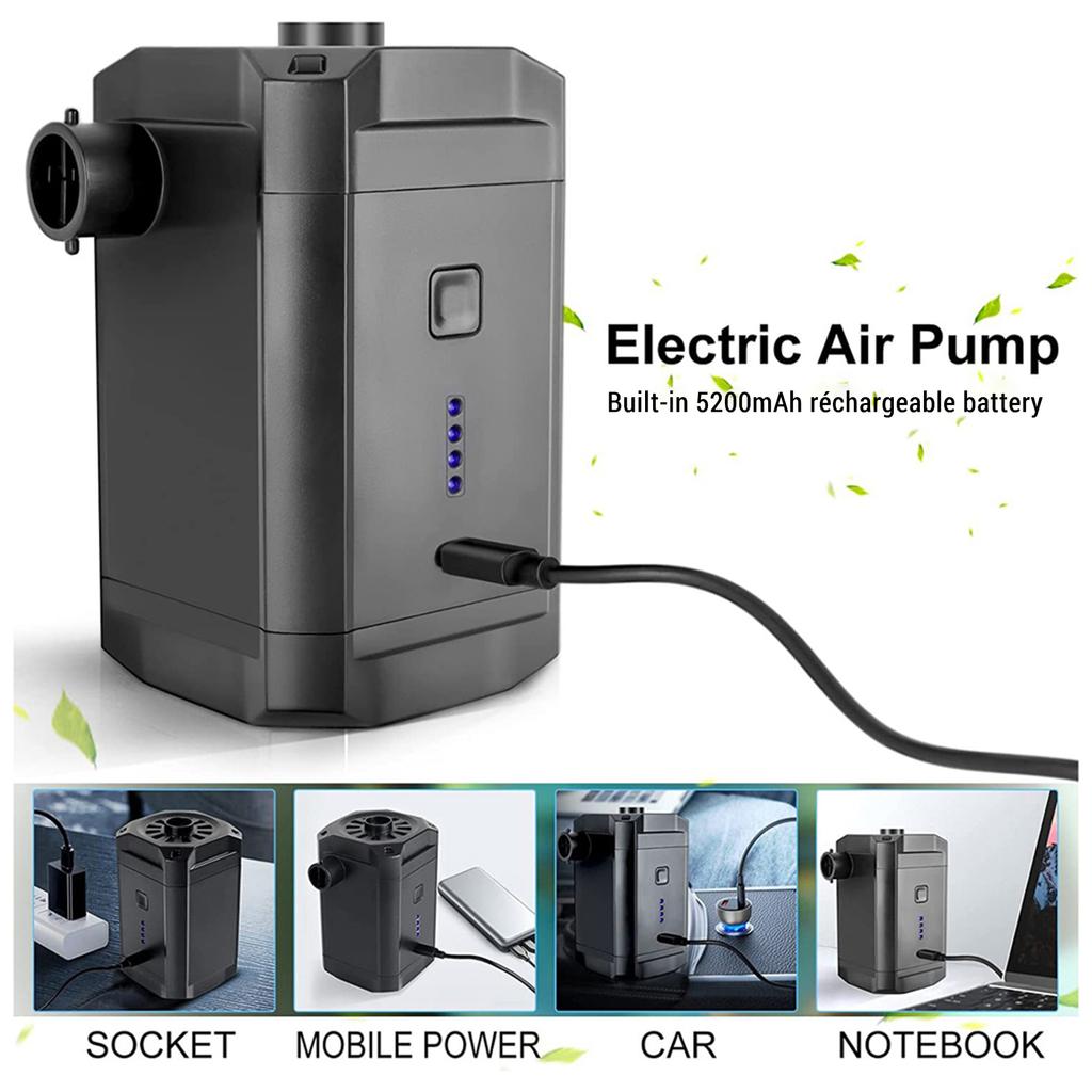 Portable Air Pump Cordless Electric Air Compressor Inflation and Deflation Pump with 3 Nozzles and Battery Indicator