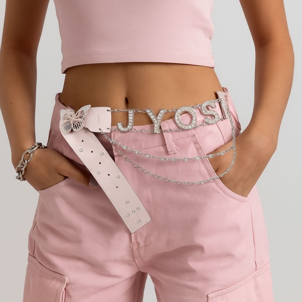 PU Leather Butterfly Waist Chain Spice Girl Y2K Waistband Rhinestone Belts  Decorative Jeans