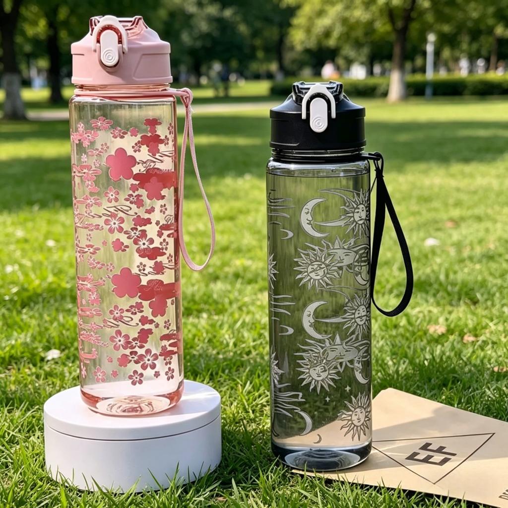 750ML Neue Kreative Trendige Bedruckte Weltraumtasse mit Tragbarem Riemen, Klappdeckel, Kunststoff Design