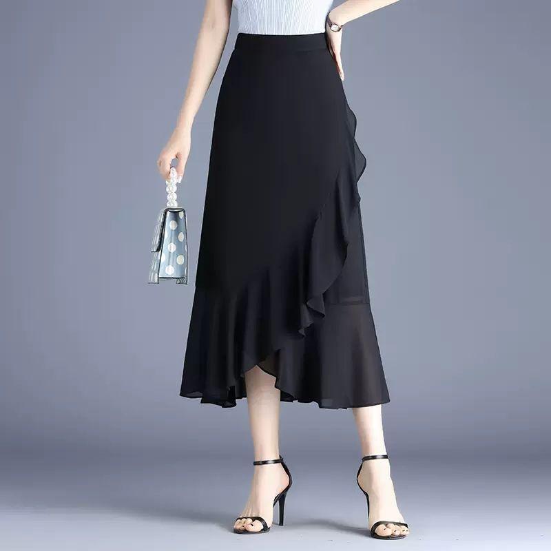 Lotus Leaf Side Length Skirt for Women Summer Chiffon Fishtail Skirt Half Body Skirt High Waist A-line Skirt