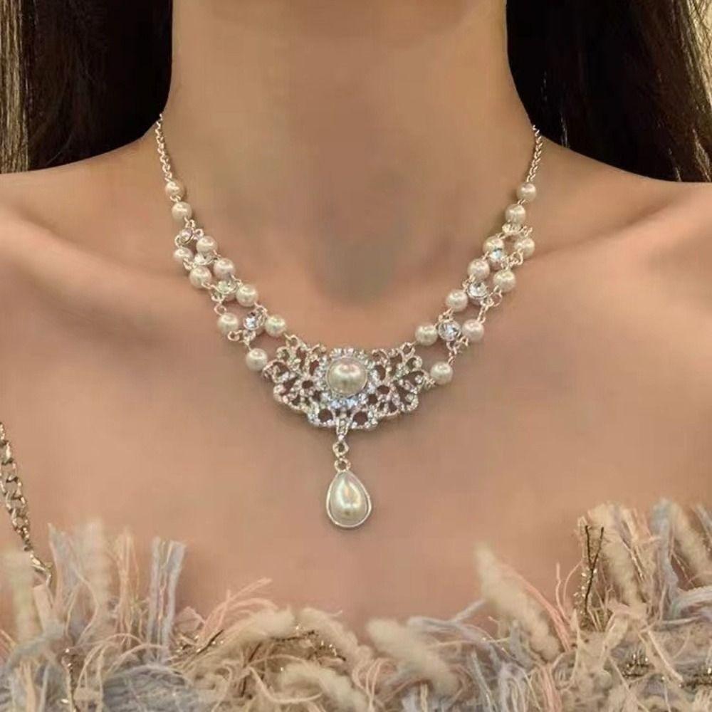Luxury Double Layer Necklace Sparkling Pearl Collarbone Chain Pearl Rhinestone Necklace  Party