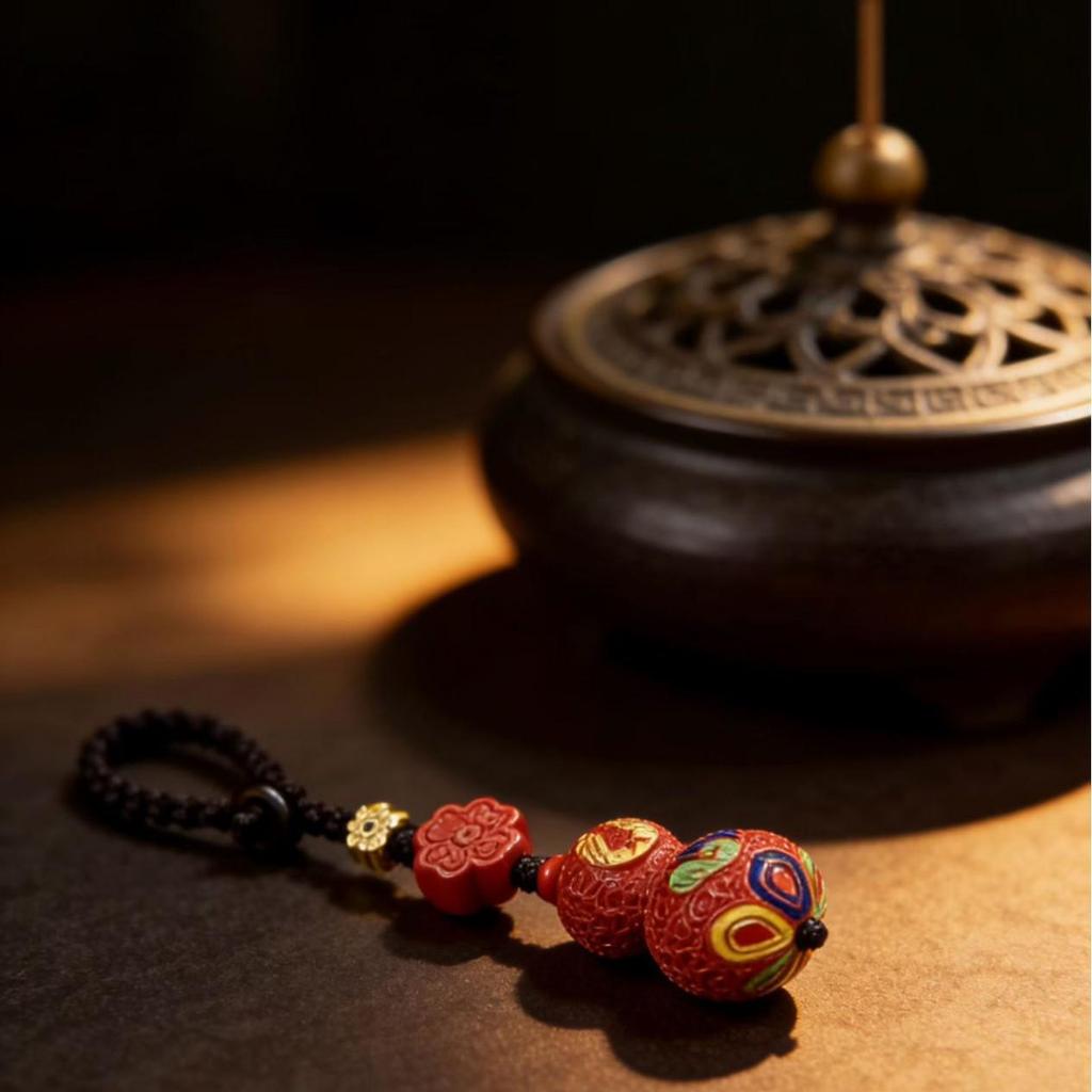 Exquisite Red Sand Painted Gourd Ornament - Original DIY Cinnabar Key Pendant