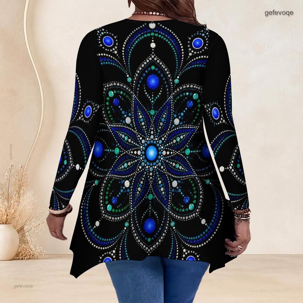 Women Plus Size V Neck Long Sleeve Colorful Galaxy Printed Asymmetric Hem Tunic Top