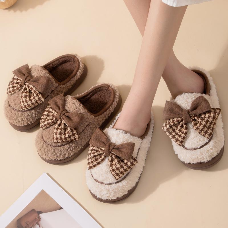 Women's Bowknot Plush Cotton Winter Slippers - Cute, Warm, Thick-Soled Indoor Footwear