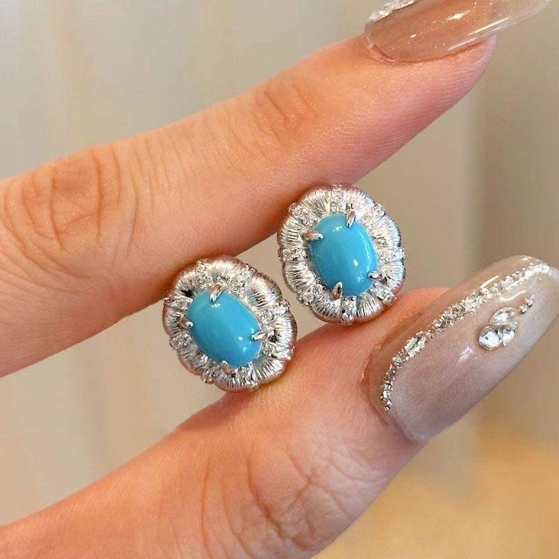 Light Luxury High Quality Turquoise Earrings For Women Fashion Oval Wire Drawing Blue Earings Stud Wedding Jewelry