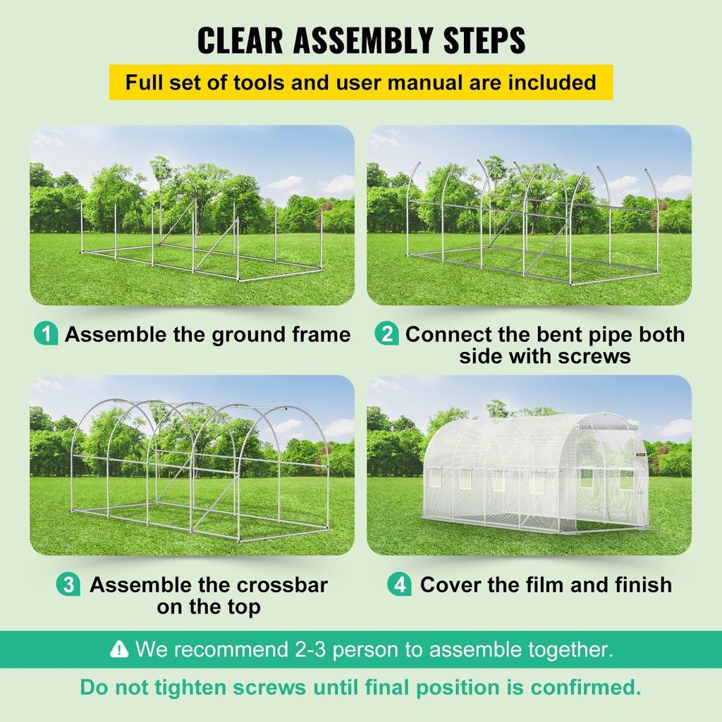 Walk-in Tunnel Greenhouse, 15 X 6.5 X 7 Ft Portable Plant Hot House W/ Galvanized Steel Hoops, 1 Top Beam, 2 X Diagonal Poles, 2 Zippered Doors & 8