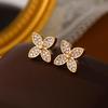 Gold-Plated Four-Leaf Clover Zirconia Stud Earrings, Simple Design, Light Luxury Fashion, High-End Full Diamond Accessories