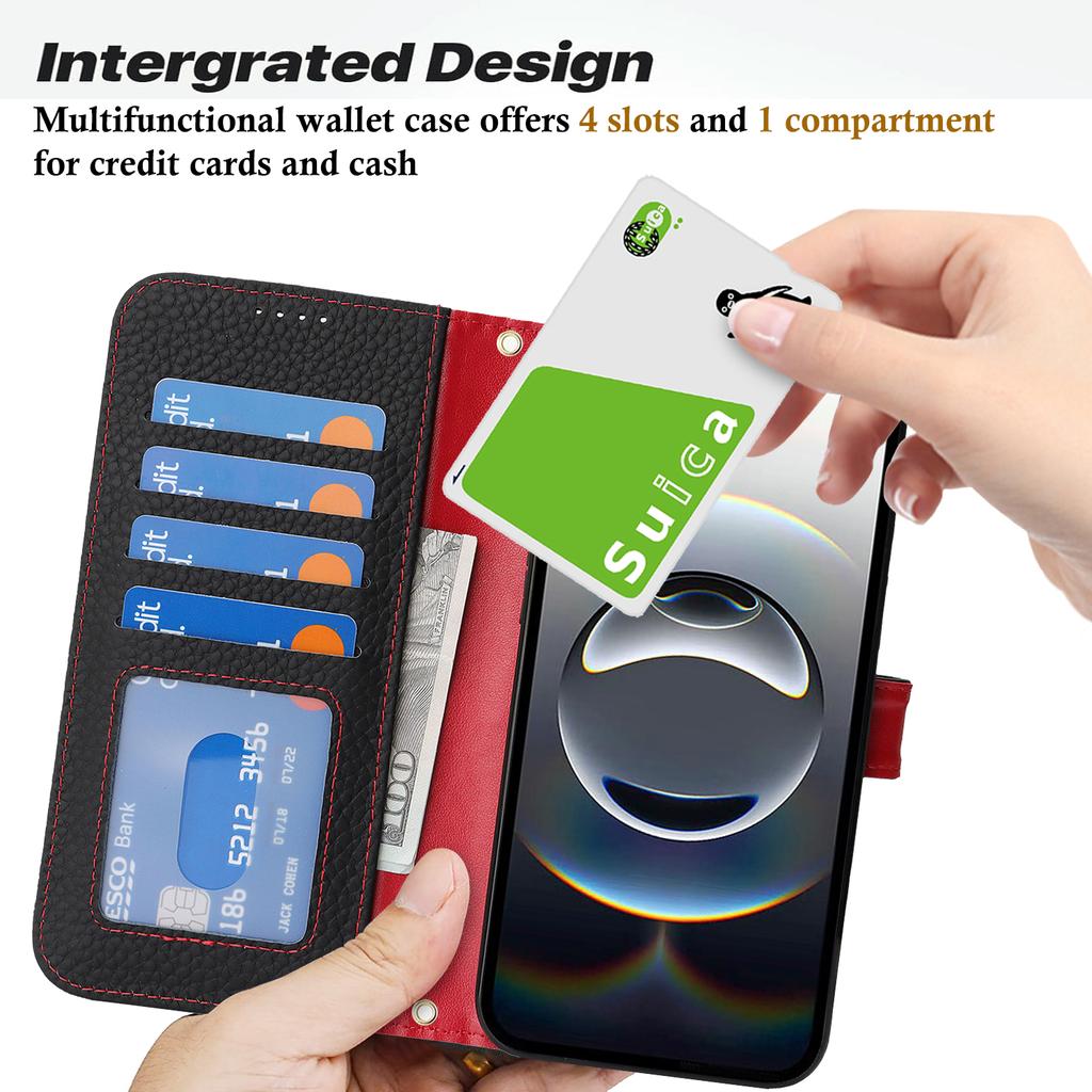 For iPhone 16e Stand Case Litchi Texture Genuine Cow Leather Wallet Phone Cover RFID Blocking