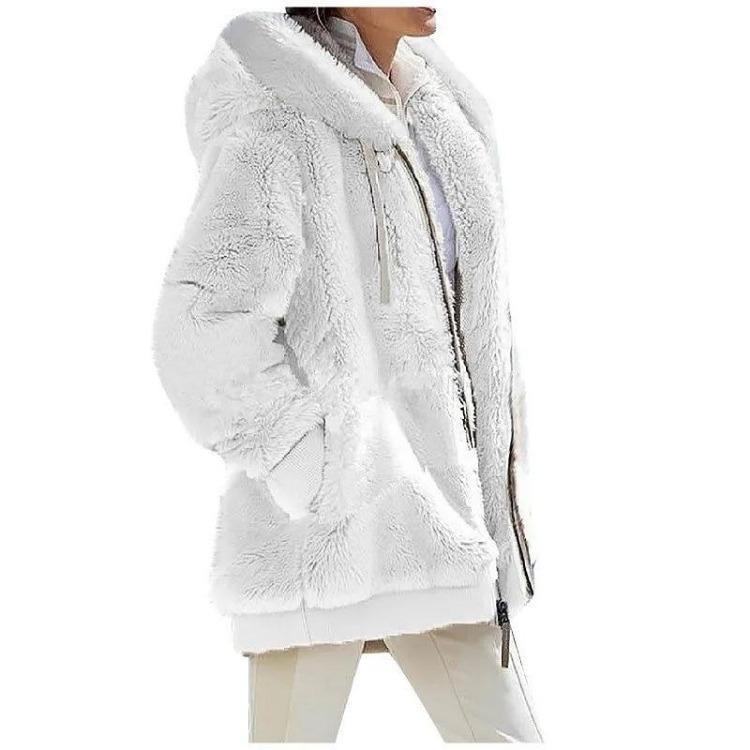 Giacca Casual da Donna in Pile con Cappuccio Cappotto Monocolore Caldo Cappotti in Cashmere Giacca con Zip Moda Abbigliamento Donna Autunno Inverno