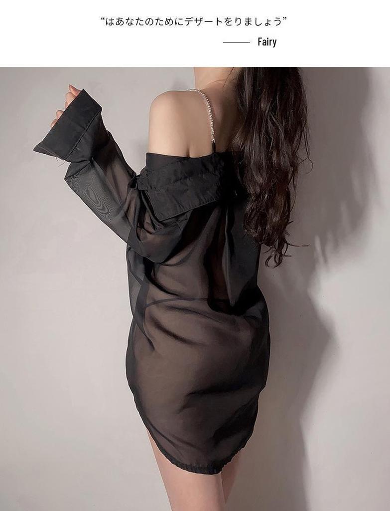 Seductive Diamond Chain Lingerie: See-Through Chiffon Nightdress with Spaghetti Straps, Long Sleeves, and Erotic Appeal.