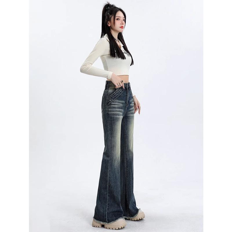 Women's High-Waisted Black Flared Jeans - 2024 Fall/Winter Collection, Slimming, Raw Hem, Floor-Length, Versatile Style