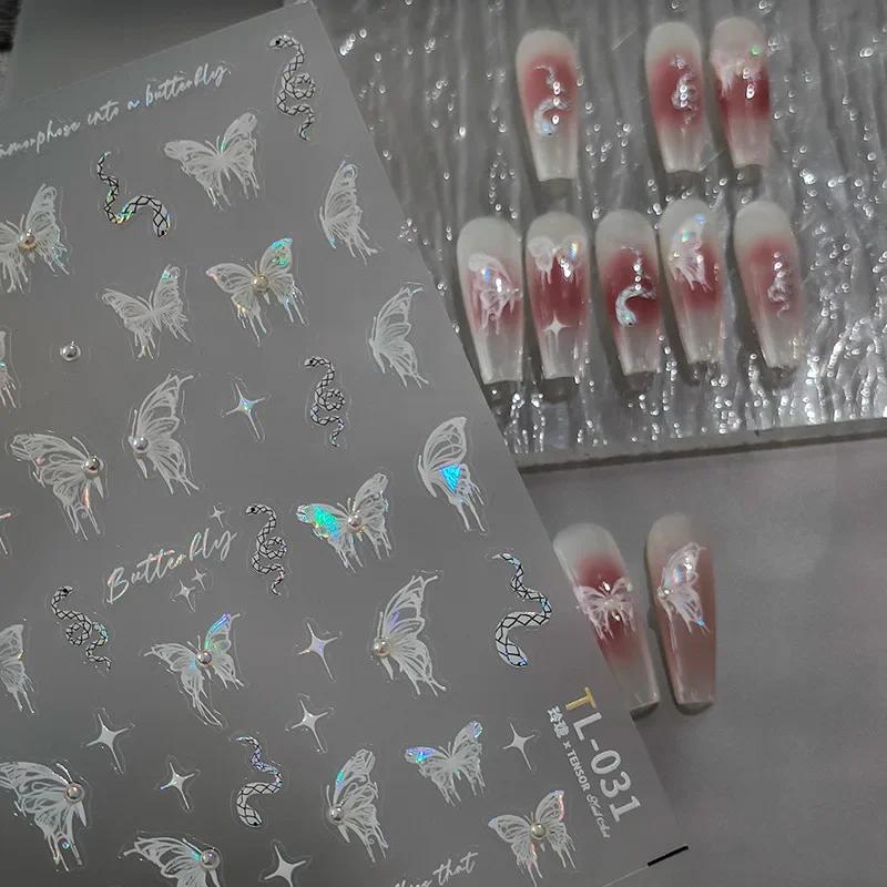 Gradient White Pink Butterfly Flower Shiny Stars Chic Spring Petal 5D Soft Adhesive Nail Art Stickers Decorations Manicure Decal