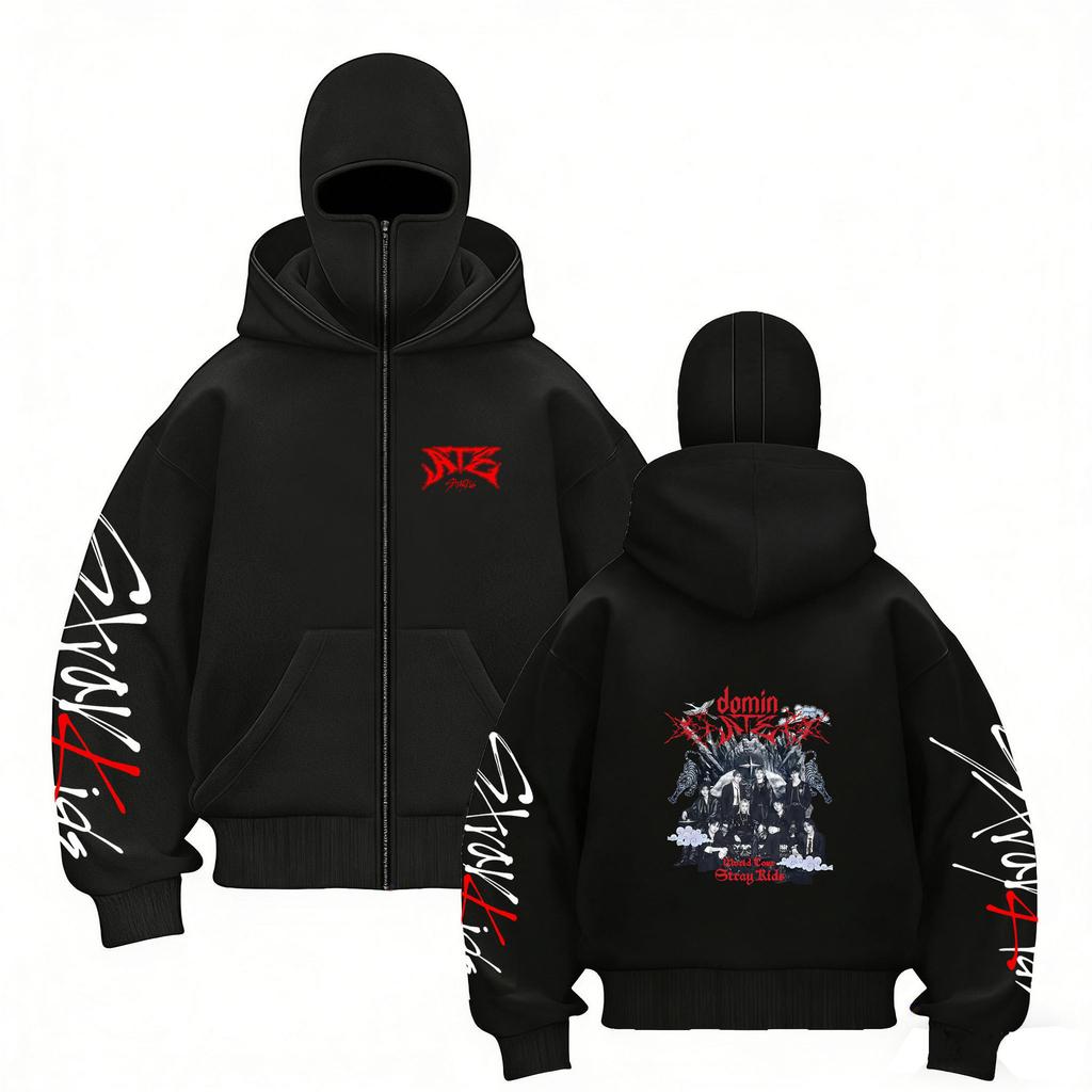 Stray Kids Skz Harajuku Printed Stray Kids Double Hood Zip-Up, Harajuku Print SKZ Hoodie for STAY Two-hat Zip-up Shirt for Men and Women