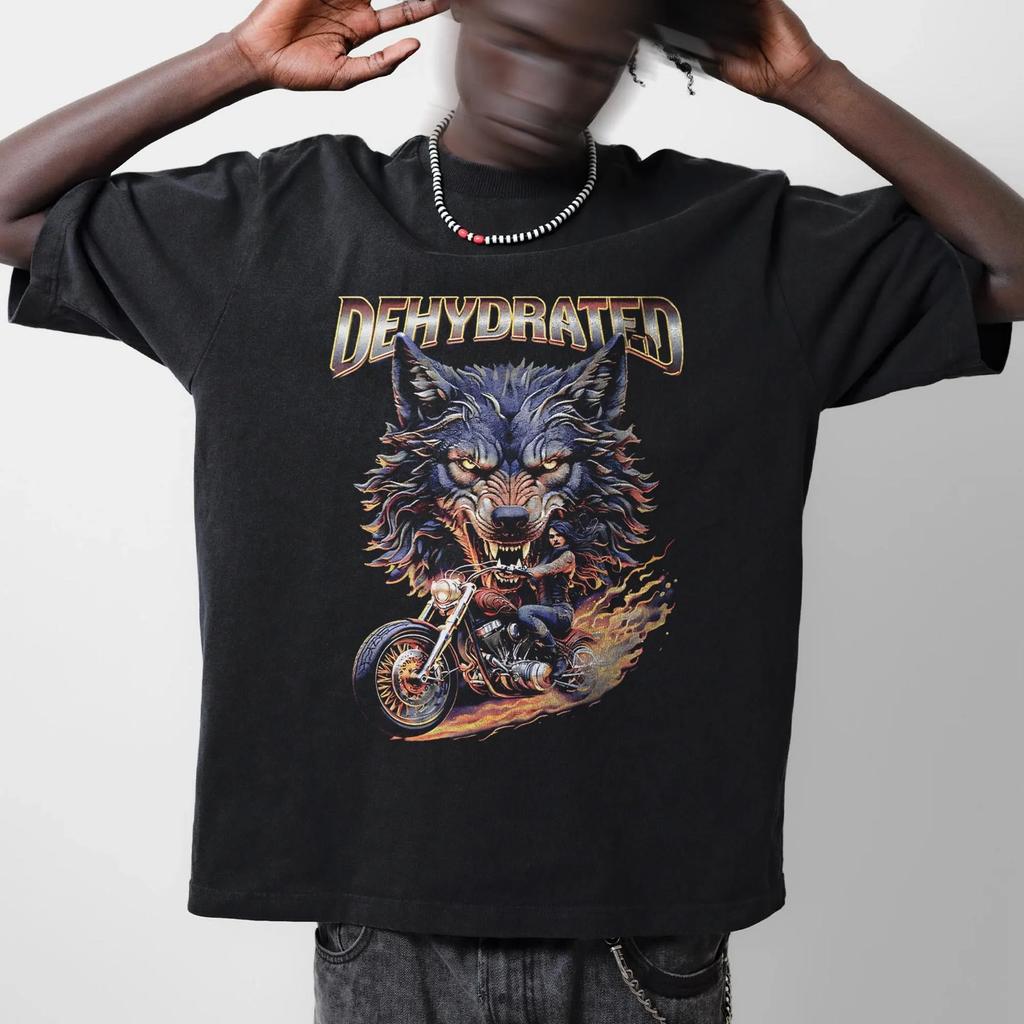 Dehydrated Wolf Motorcycle Graphic TShirt Retro Washed Tee Summer Mens and Womens Loose and Breathable Tshirt Top