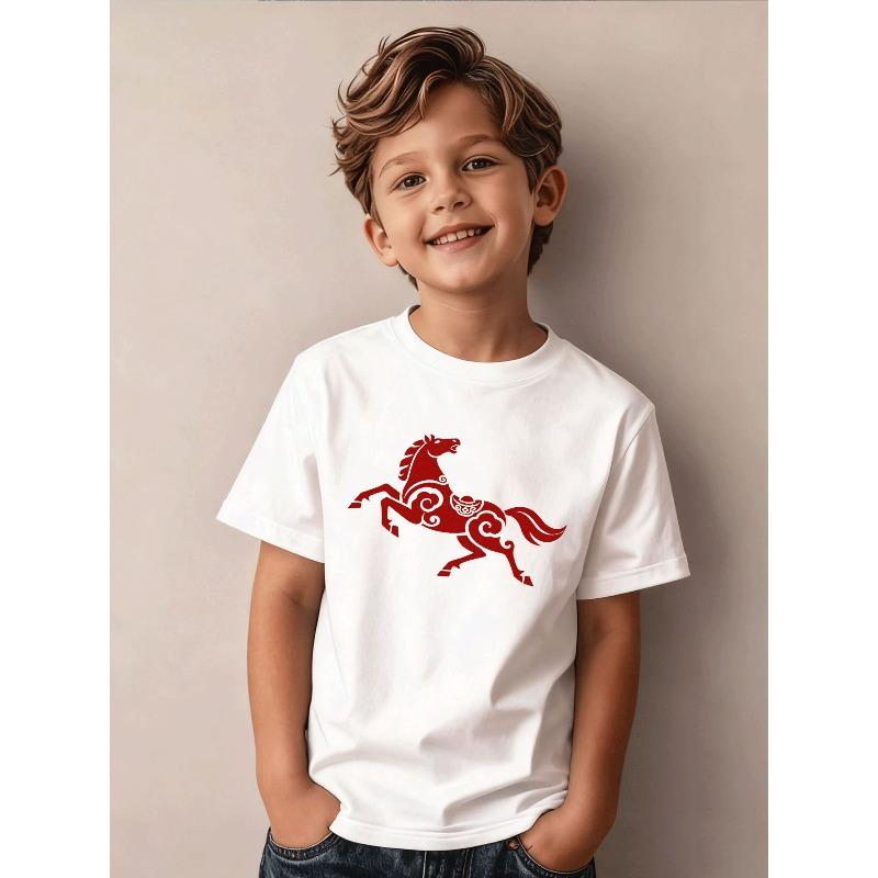 Boys T Shirt Casual Trendy Black Red Horse Pattern 110
