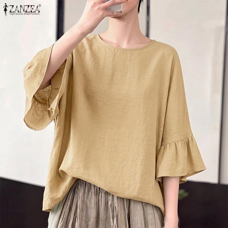 ZANZEA Women Casual Round Neck Solid Color Loose 3/4 Sleeve Cover Up Blouse
