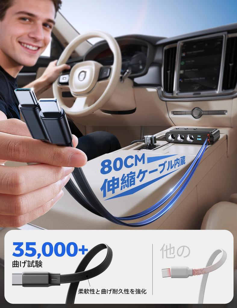 JOYROOM Retractable Cigarette Lighter Socket 9 in Retractable 80cm Cable PD45W Add-on, 3-way [2026 Model, 227W, 1] USB-C + USB-L
