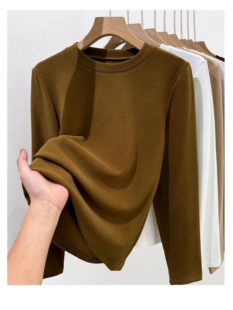 Women's Wool Silk Round Neck Base Layer Shirt - Autumn/Winter 2025 Collection, Velvet-Thickened for Warmth