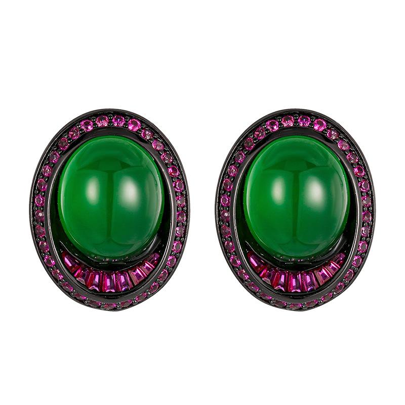 Copper Bottom Gold-Plated Ice Seed Fluorescence Simulation Red Corundum Black Gold Stud Earrings 10 * 12