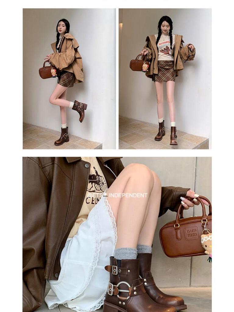 Women's Chunky Heel Belt Buckle Martin Boots - Brown Western Cowboy Ankle Boots, 2025 Punk Rider Vintage Style