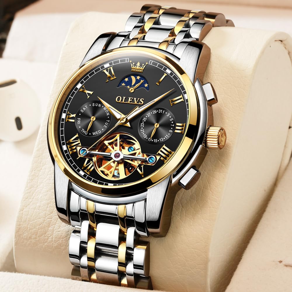 OLEVS Mechanical Automatic Moon Phase Watch Stylish Skeleton Waterproof Popular Luminous Watch for Men