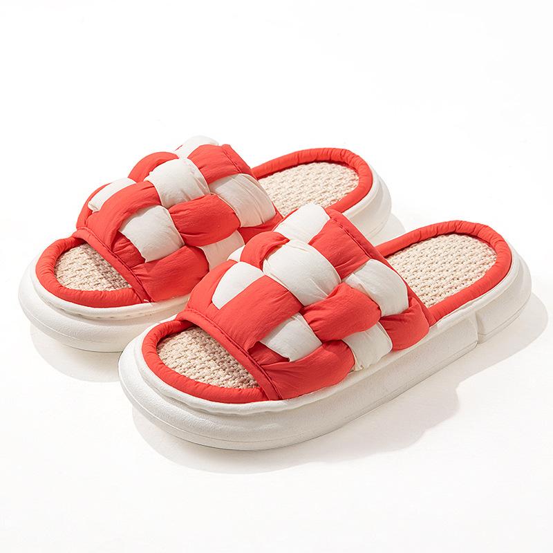 Fashion Simple Flax Lattice Spring Summer Women Slippers Home Floor Slippers for Women Couples Feeling Soft Bottom Linen Slippers