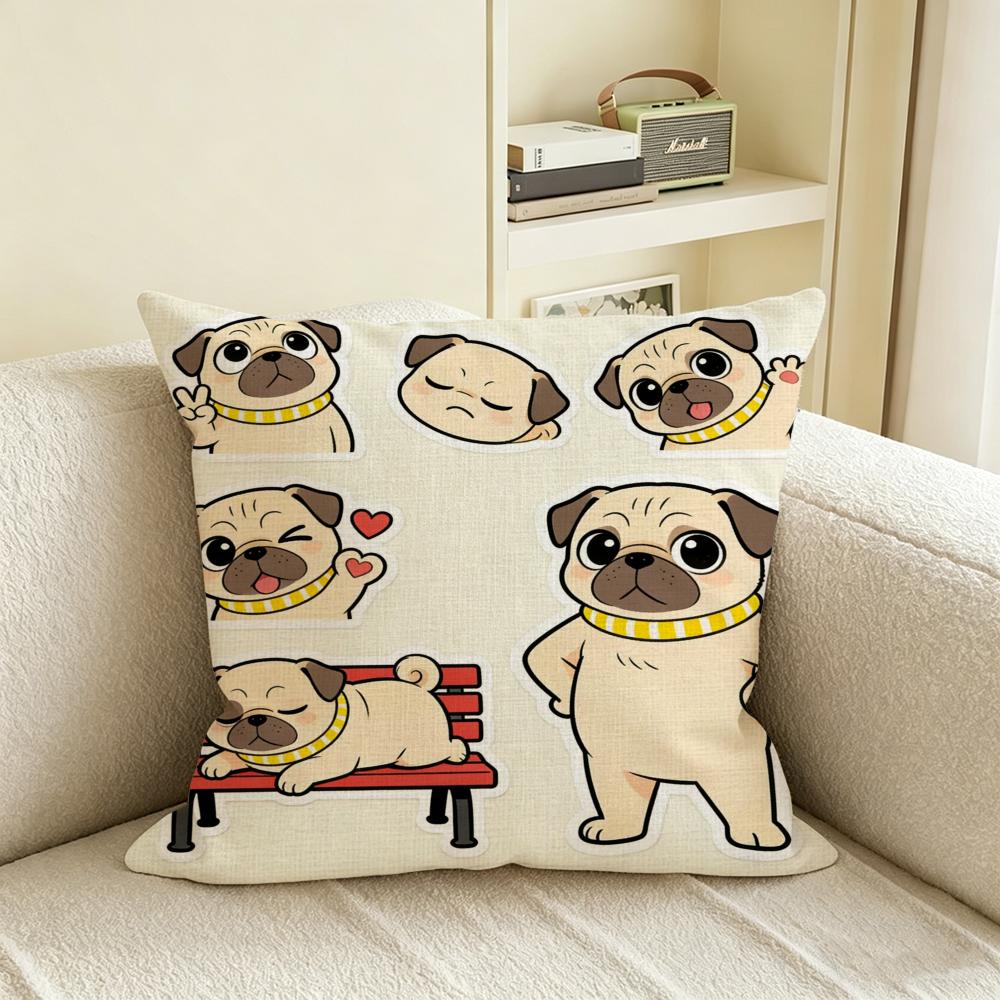 C-Cartoon Pet Pug Cushion Cover Natural Linen Pillowcase Set, All-In-One Decor For Sofa, Bedroom & Chair