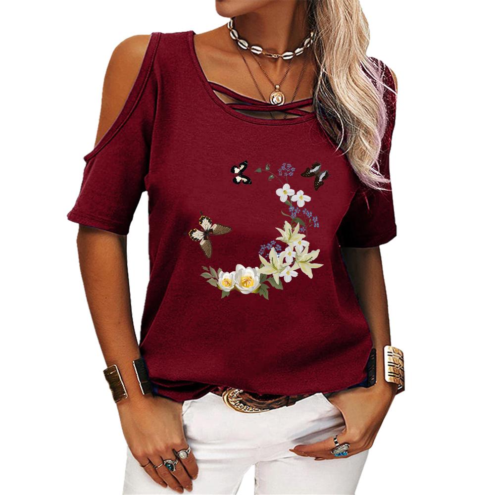 Γυναικεία Μόδα Μπλουζάκι με Στρογγυλή Λαιμόκοψη Καλοκαιρινό Μπλουζάκι με Ανοιχτούς Ώμους και Κοντά Μανίκια Γυναικείο Καθημερινό T-shirt με Φλοράλ Μοτίβο