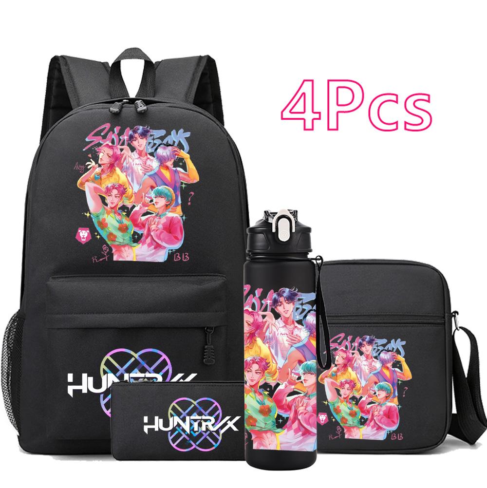 4Pcs/set Cartoon K-pop Printed Backpack Large Capacity Bookbag Shoulder Bag Case Bag with 750ml Water Bottler Boy Girl School Bag Kid Gift