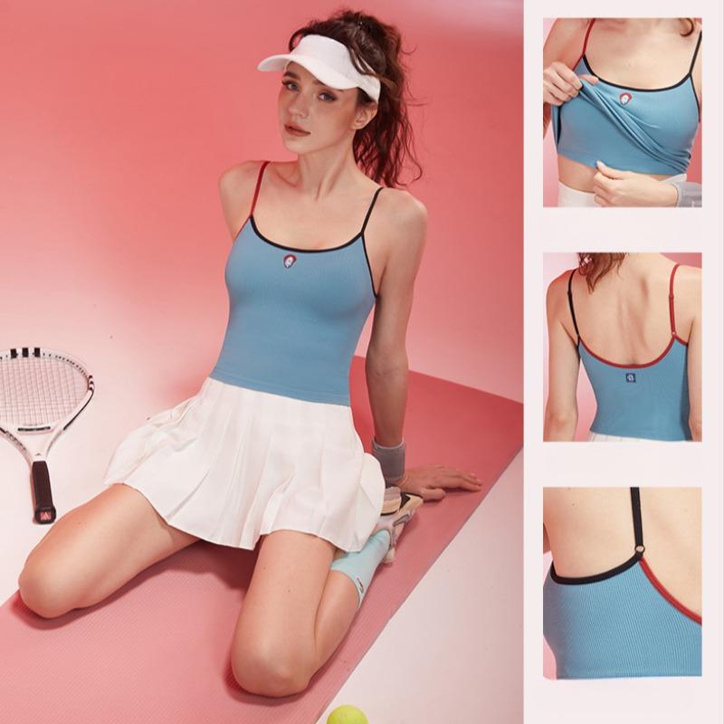 Spring New Women's Yoga Clothes Top Shoulder Strap Contrast Color Fixed Chest Pad Deep U Fashion Sling Breathable Fitness Sports Vest