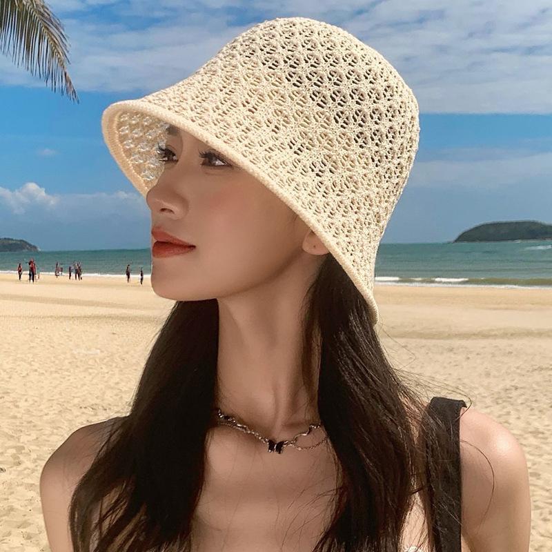 Women Hollow Crochet Bucket Hat Knit Fisherman Cap Lightweight Wide Brim Sun Hat for Summer Beach Outdoor Travel Daily Casual Sun Protection