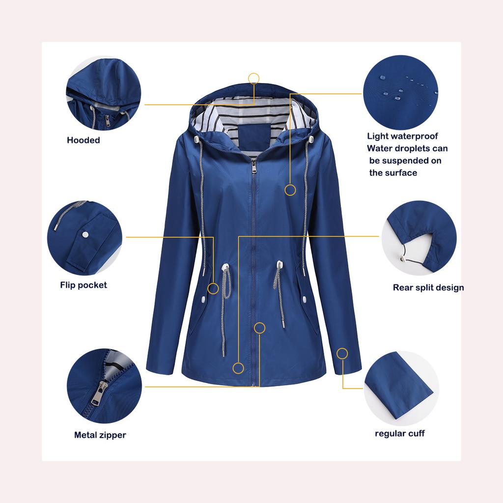 Langärmliger wasserabweisender mittellanger Trenchcoat Damen mit Kapuze gestreift Plus Size Regenmantel Damenbekleidung