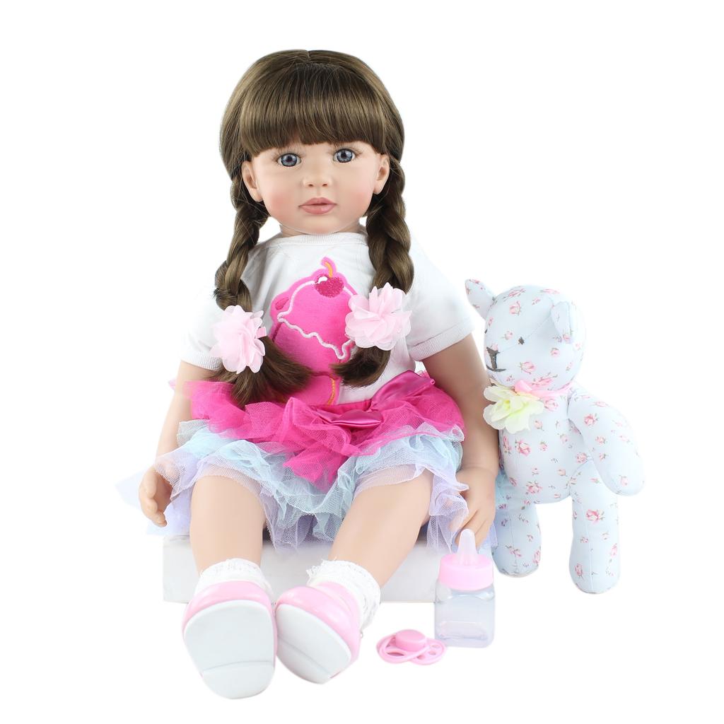 BZDOLL 60cm Silicone Reborn Baby Doll Toy For Girl 24 Inch Long Hair Princess Toddler With Bear Dress Up Play House Bebe Birthday Gift