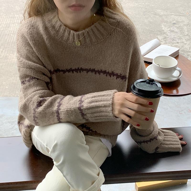 Retro Round Neck Loose Autumn Pullovers Sweaters Women Fashion Long Sleeve Striped Knitted Sweater Ladies Elegant Slim Jumpers Winter Clothing 25534