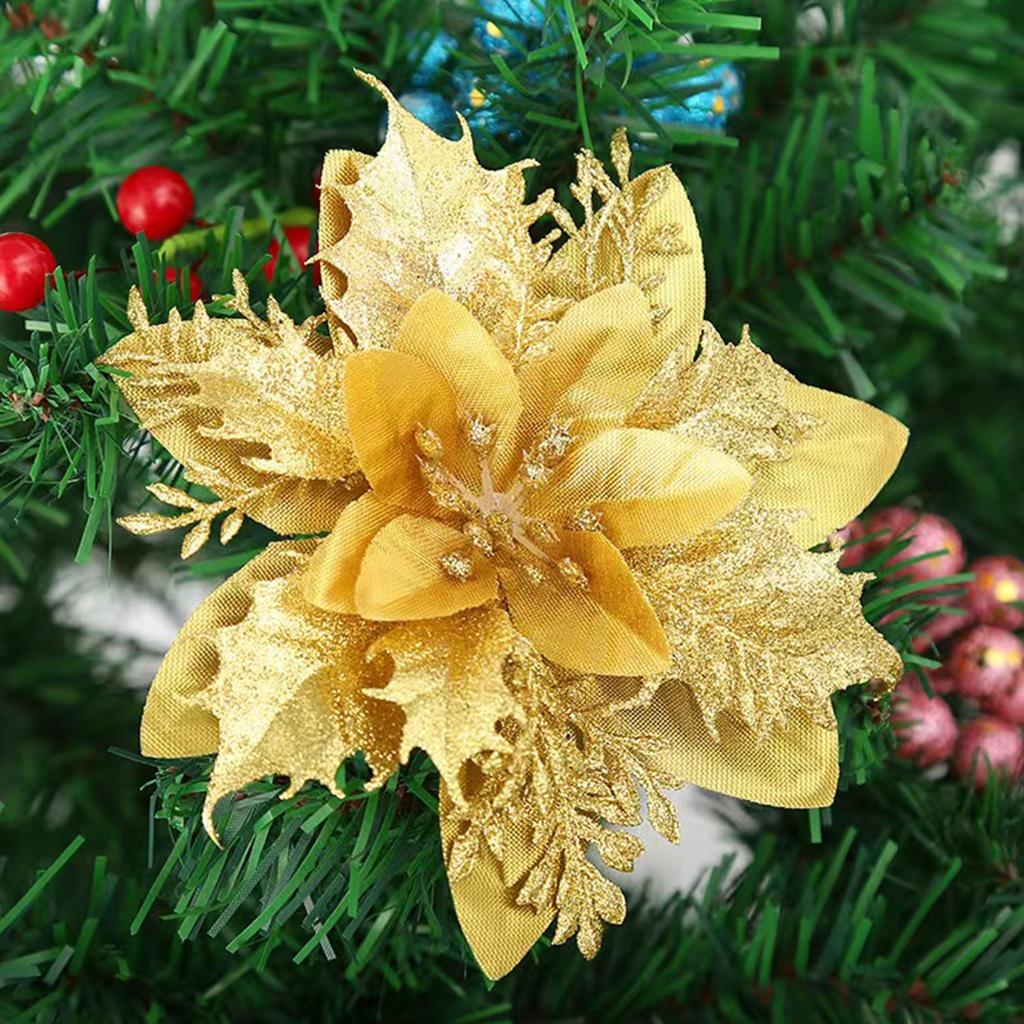 Premium Artificial Christmas Flowers with Glitter Poinsettia, Non-electric, Feather-free, Ideal for Holiday Wreath and Garland Decoration