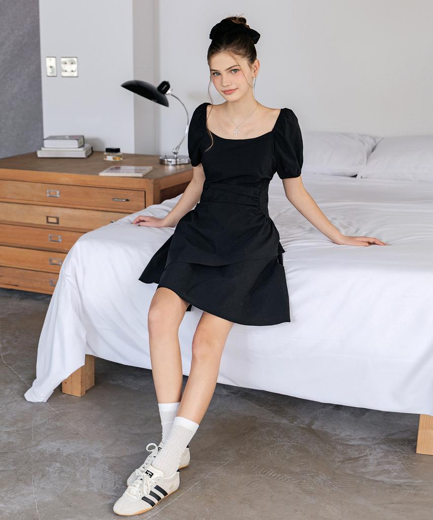 HYFVE Shirred Sleeve Puff Asymmetrical Mini Dress