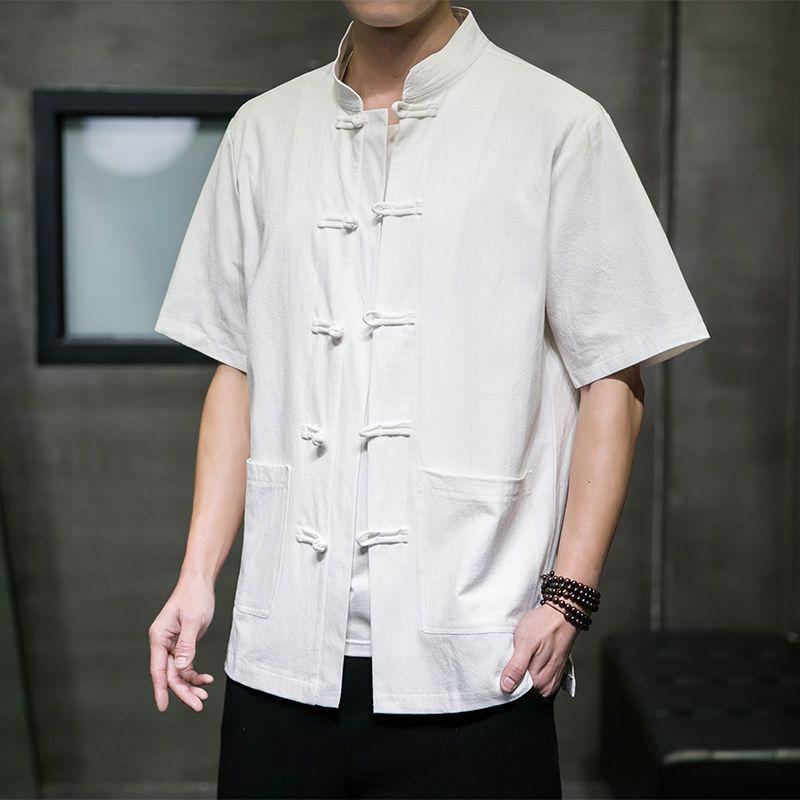 Men's Short-Sleeve Linen Shirt, Chinese Style Stand-Up Collar Tang Suit