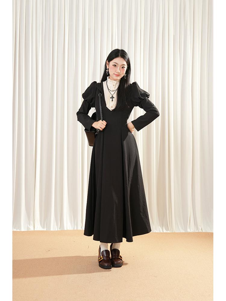 Gothic Lolita Retro Schwarz Farbblock Puffärmel Taillenbetonendes Langes Kleid