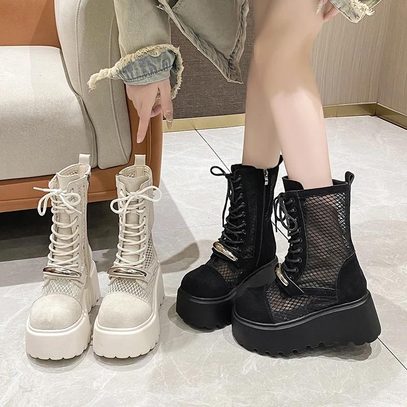 Fashion 8CM Designer Summer Platform Ankle Boots for Women Black White Mesh Breathable Sandals Casual Shoes Woman Thick Bottom Booties