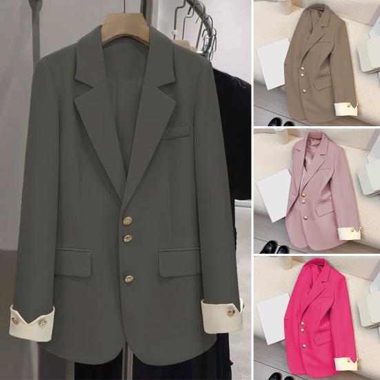 Women Suit Coat Lapel Long Sleeve Single Breasted Suit Jacket with Flap Pockets Loose Fit Basic Solid Color Office Commuting Outerwear